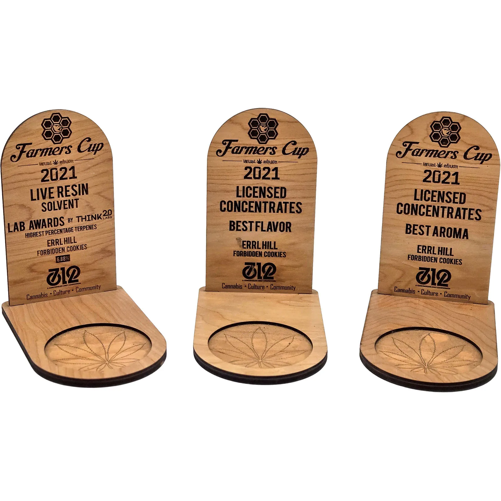 Three 2021 Farmers Cup trophies for Errl Hill Forbidden Cookies live resin.