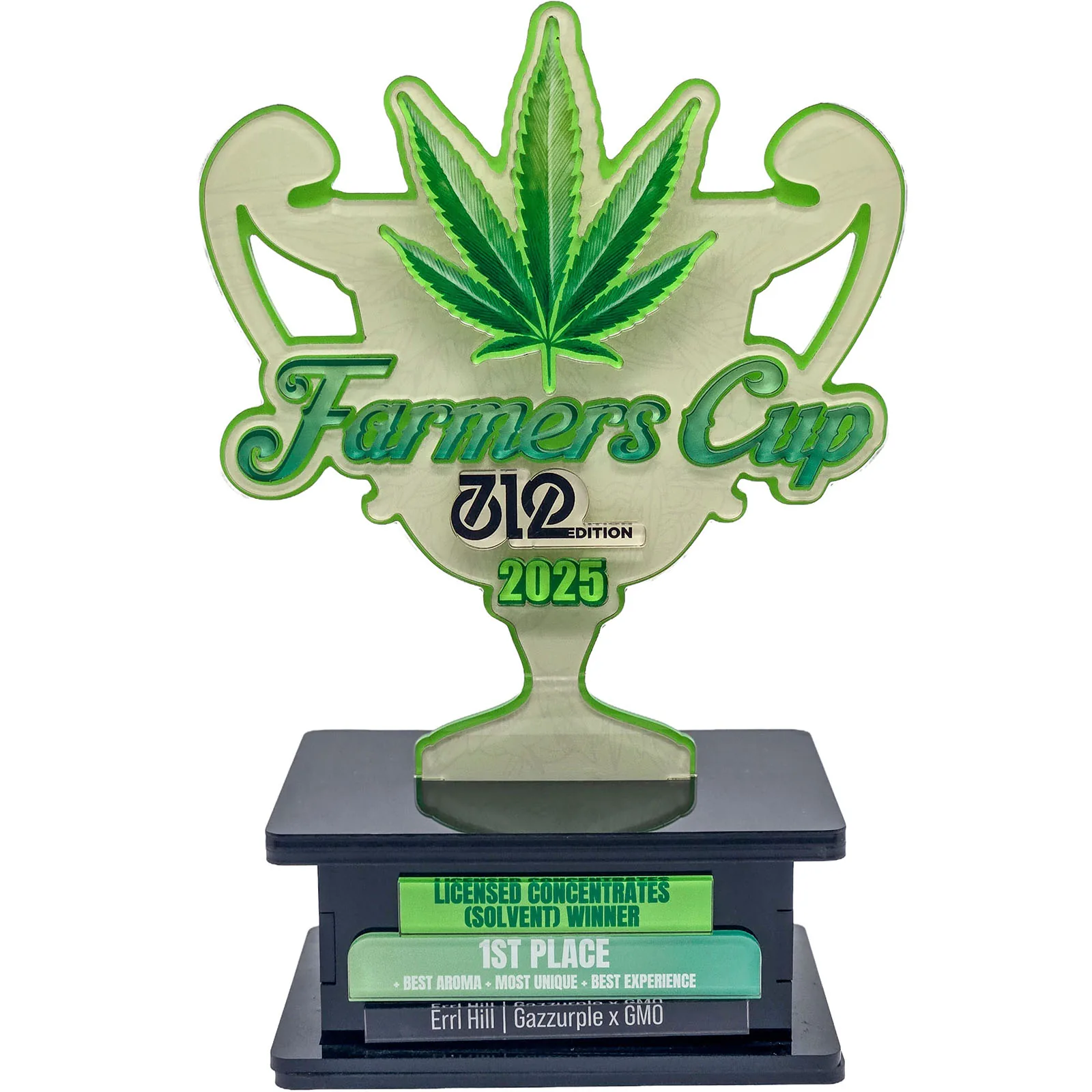 Farmers Cup 710 Edition 2025 first-place trophy for Errl Hill Gazzurple x GMO, recognized for aroma, uniqueness, and overall experience.