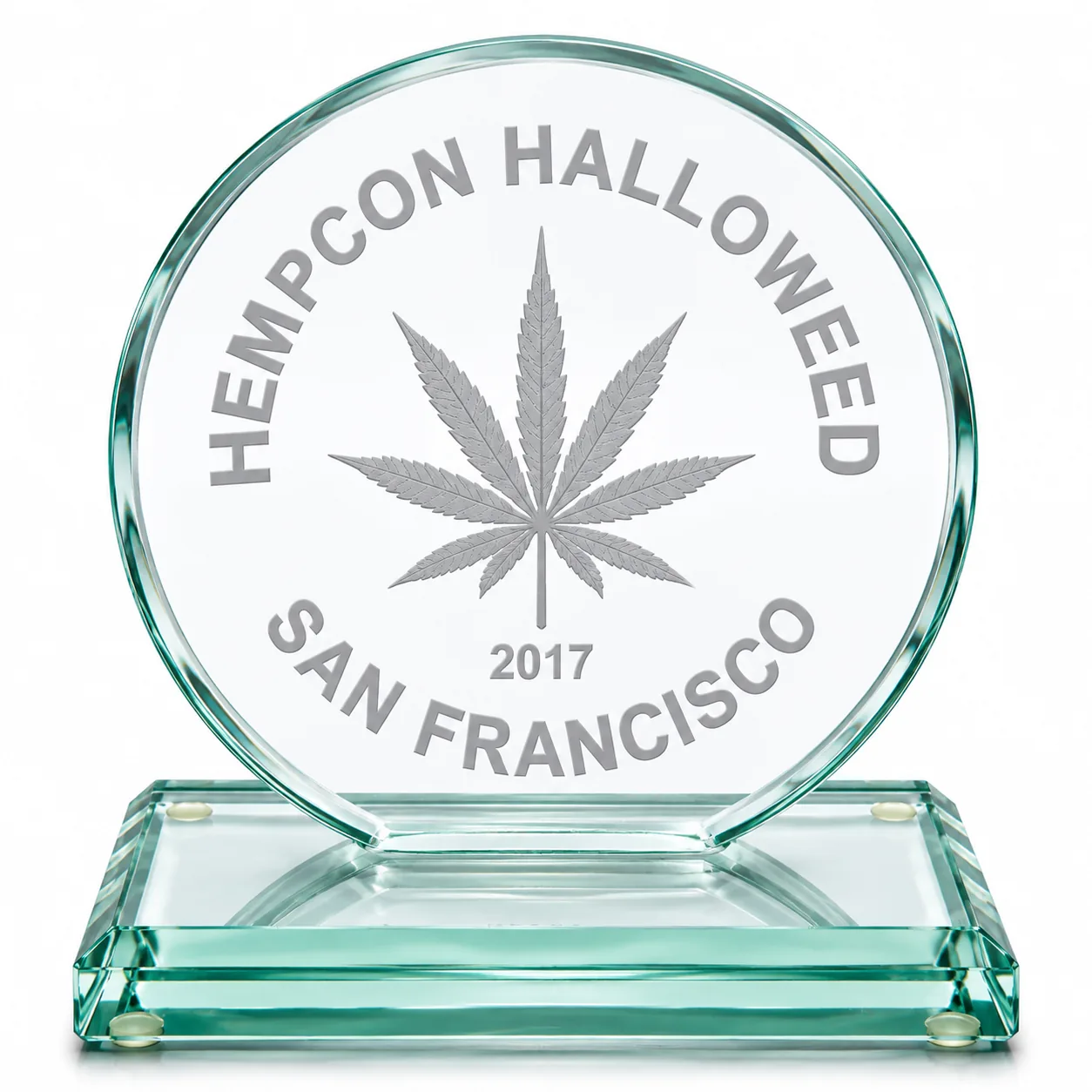 Round glass Hempcon Halloweed San Francisco 2017 trophy.